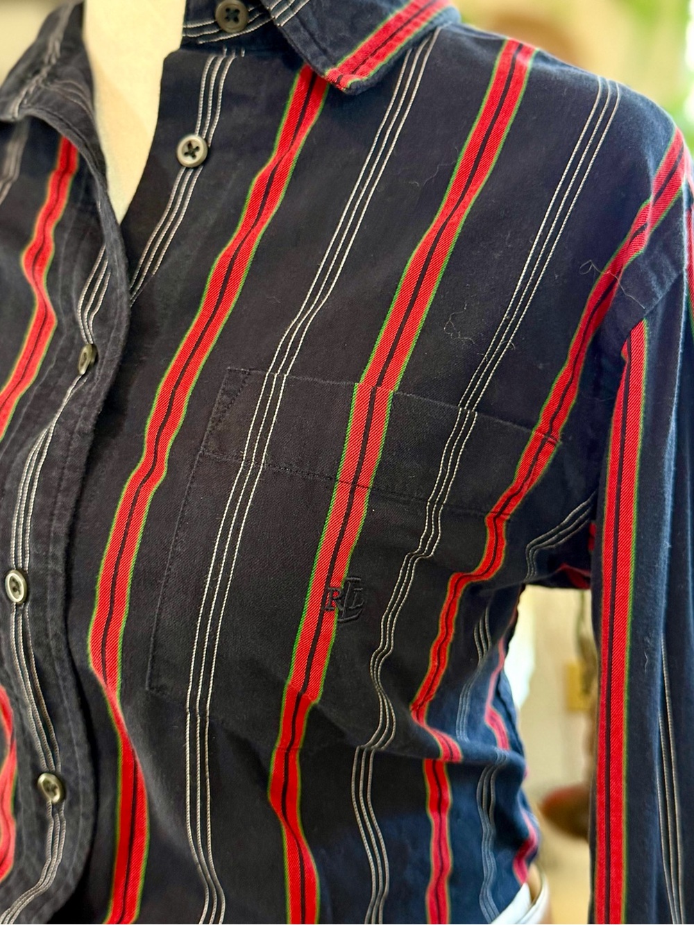 Lauren Ralph Lauren Petite Shirt 8P Navy Red Stripe Monogram Cotton Button Down - Picture 4 of 10